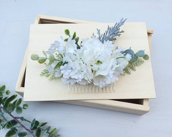 Handmade silk flower hair comb slide. Floral accessory. White bridal eucalyptus hydrangea. Bride Bridesmaid wedding guest gift Boho Festival
