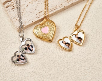 Collar con medallón de corazón con foto, imagen de collar con medallón de corazón de oro de 18k, joyería de San Valentín de regalo para esposa, regalo personalizado