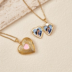 Collar con medallón de corazón con foto, imagen de collar con medallón de corazón de oro de 18k, joyería de San Valentín de regalo para esposa, regalo personalizado imagen 4