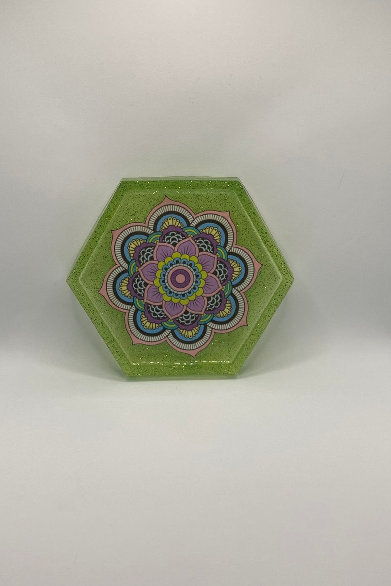 Green Glitter Coaster with Large Colorful Mandala