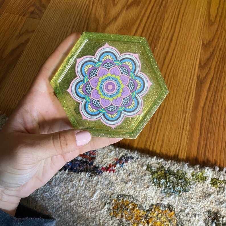 Green Glitter Coaster with Large Colorful Mandala