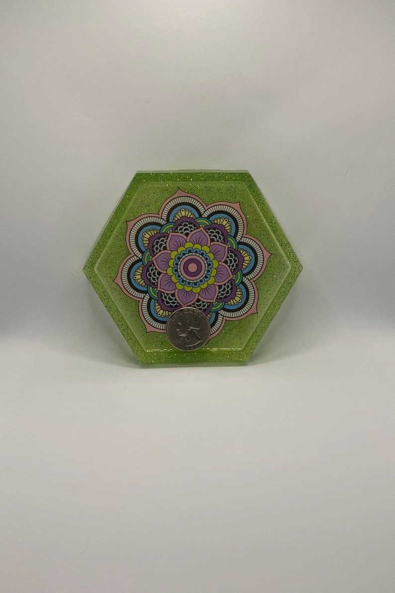 Green Glitter Coaster with Large Colorful Mandala