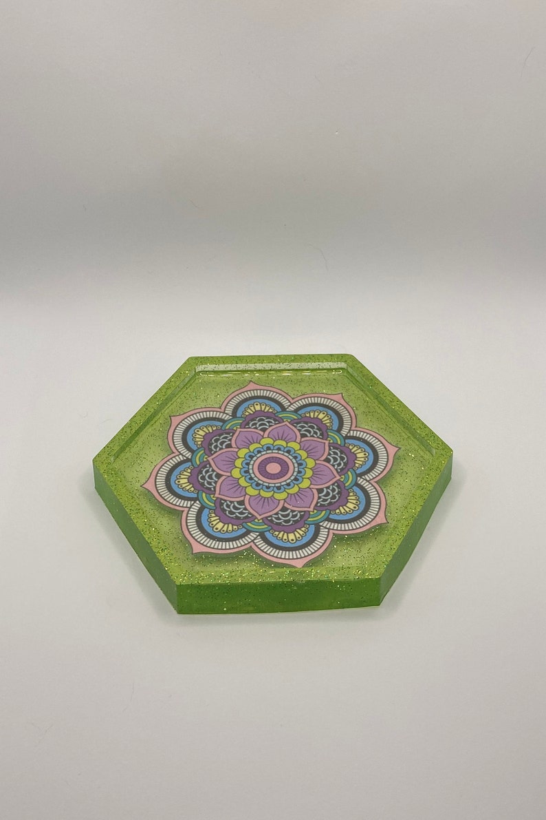 Green Glitter Coaster with Large Colorful Mandala