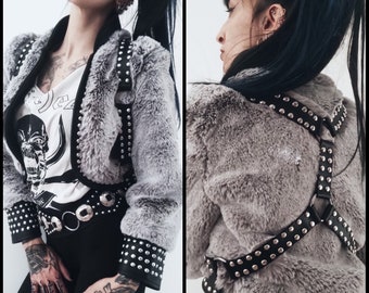 Molotov Clothing Handmade Genuine Leather Studded Fur Jacket Metal Punk Biker Studded Studs