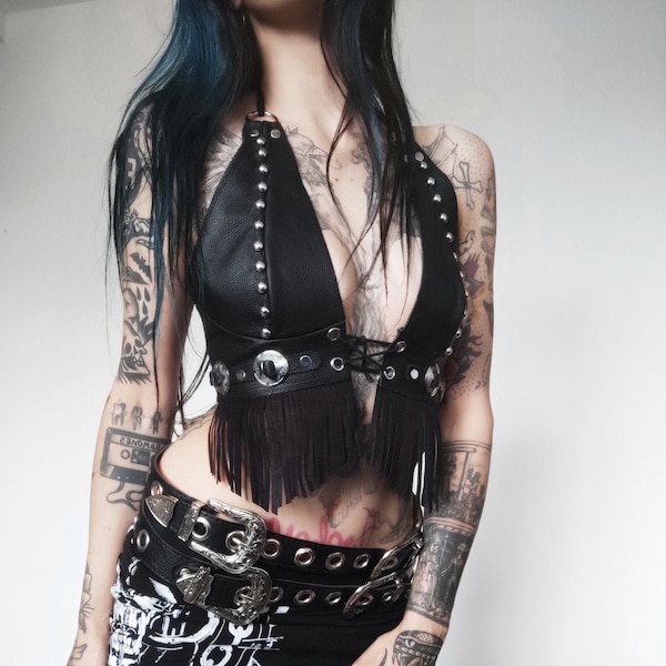 Abbigliamento Molotov Fatto a mano Top Fringe Conchos Stringate in vera pelle Metal Biker Western