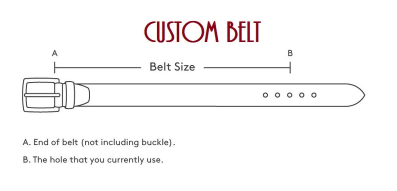 Peut inclure: Diagramme montrant comment mesurer pour une ceinture sur mesure. Le diagramme montre une ceinture avec une boucle et plusieurs trous. La lettre A indique la fin de la ceinture, sans la boucle. La lettre B indique le trou que vous utilisez actuellement. Le texte "Taille de la ceinture" est &eacute;crit au-dessus de la ceinture.
