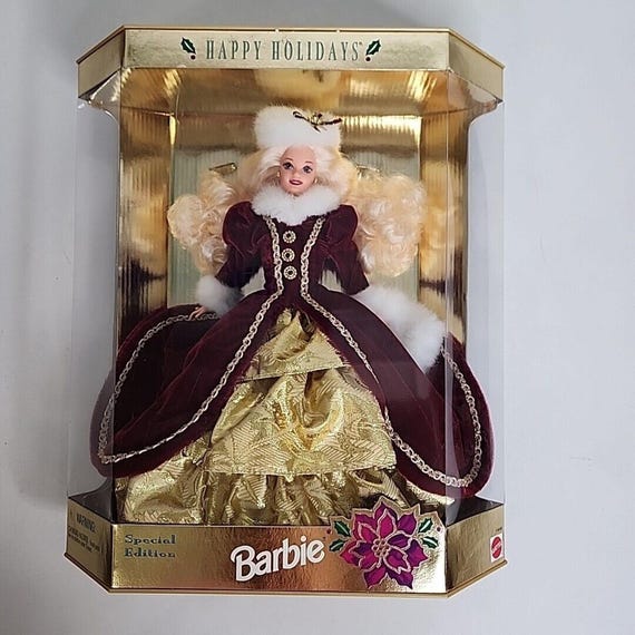 1996 Happy Holidays Barbie Christmas Winter Burgundy Velvet and