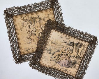 8.25in French Tapestry Doilies Lot of 2 Romantic Courting Scenes Crochet France