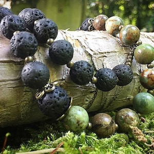 Green Opal and Lava stone Necklace, Caribbean VOODOO inspired, Eshu, Quimboi, Papa Legba collection.