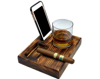 Country Pine Scorch Cigar Ashtray w/ Glass & Phone Holder