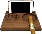 Walnut Puro Cigar Ashtray with Engraving and Phone Tablet Glass Holder