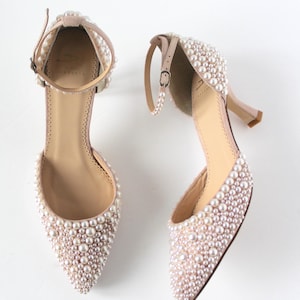 Pearl wedding shoes with low heel in blush with ivory ribbon ankle ties and strap