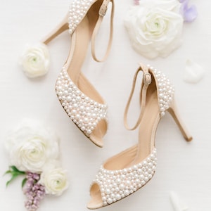 Pearl wedding sandal with ankle strap and all over pearl detail, hand made wedding shoes with a 9cm heel