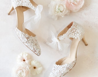 Bettina low heeled wedding shoe, ivory satin flowers, pearl detail, organza ribbon ties, silk ribbon ties, hand made wedding shoes
