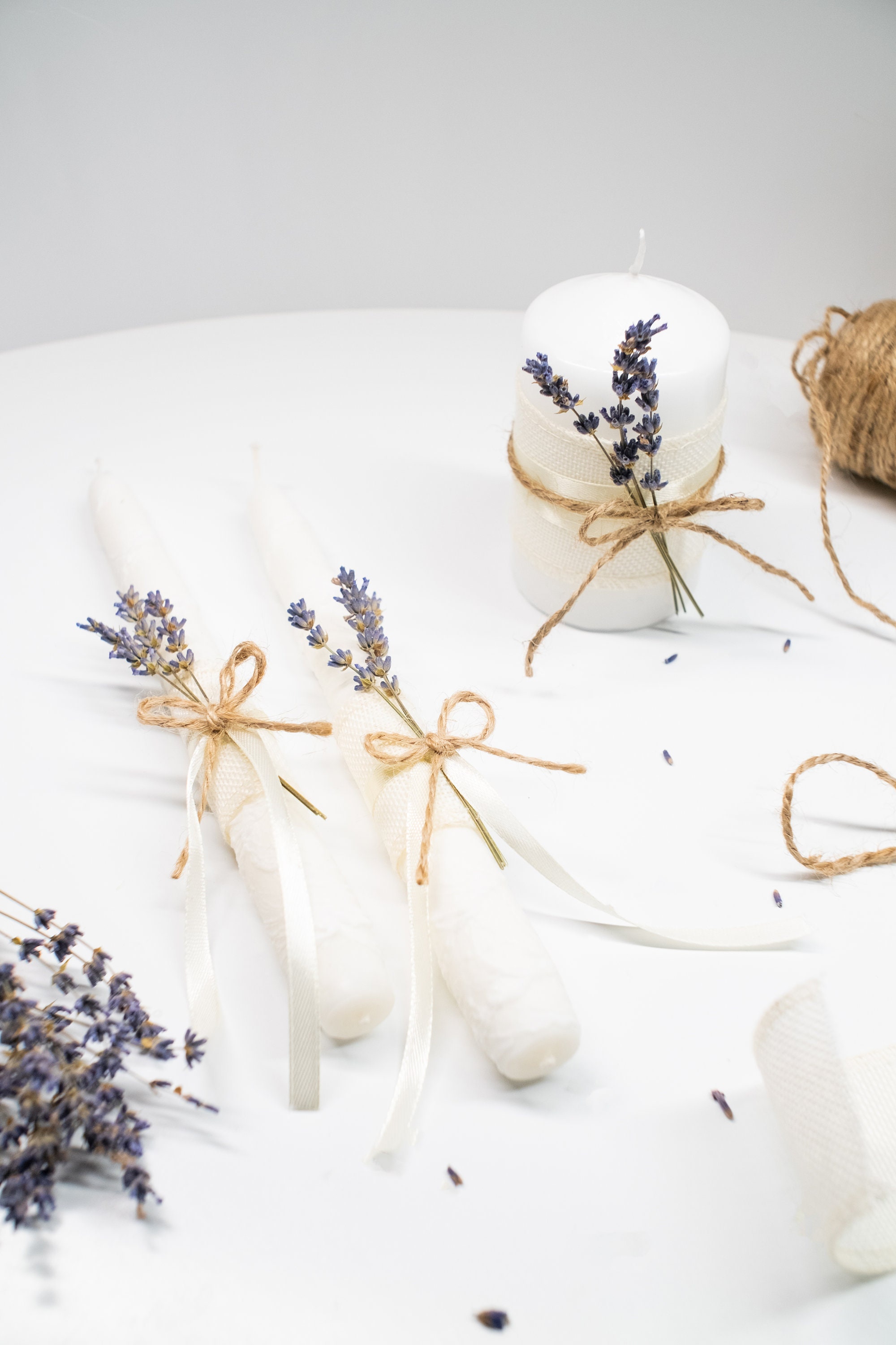 White Wedding Candles Set Decorated Dried Lavender Flowers and Etsy