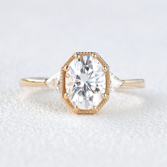 Oval Moissanite Engagement Ring Vintage Unique Cluster Rose Etsy