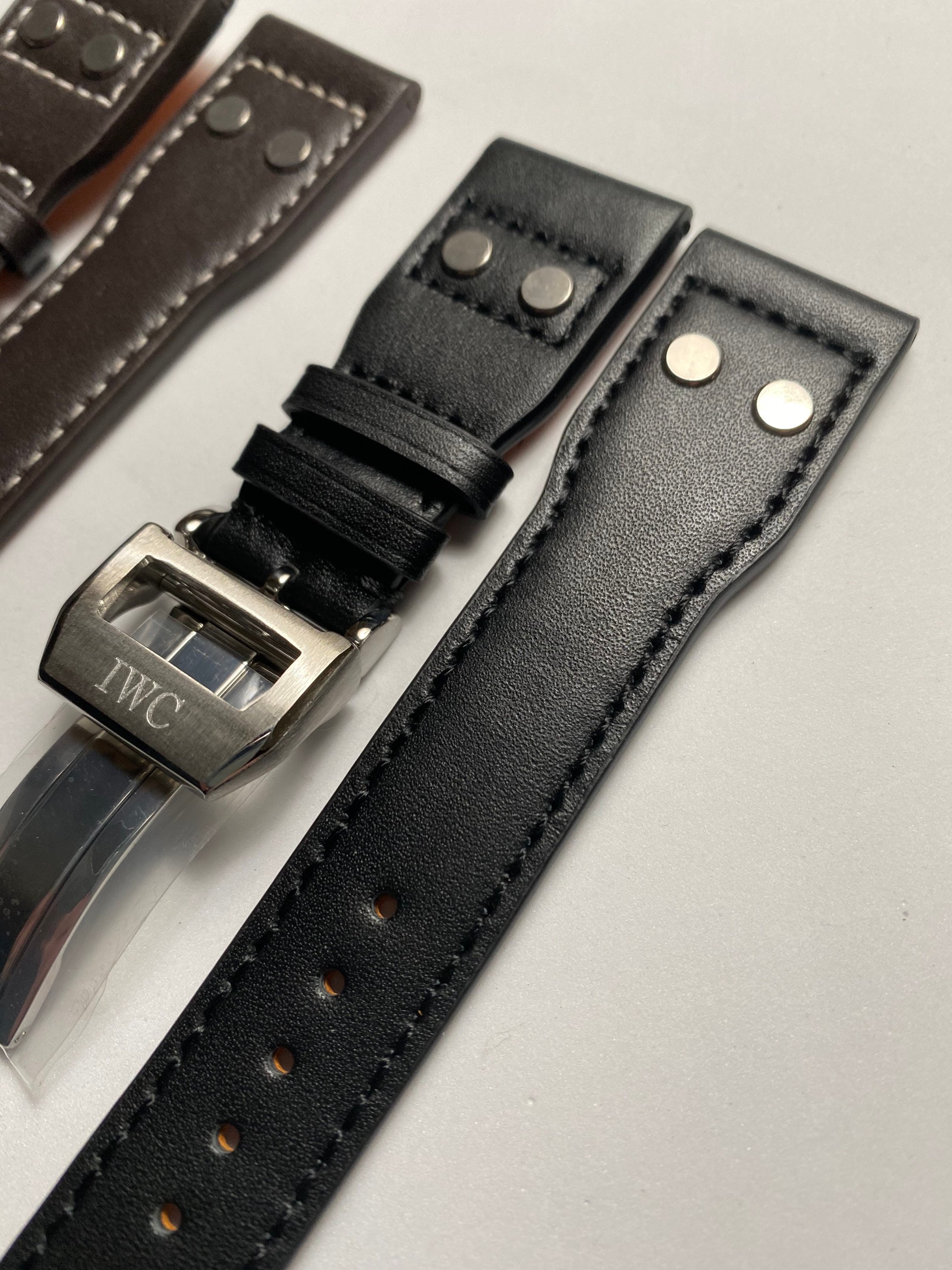 22mm IWC Leather straps Black or Dark Brown outer and Orange Etsy