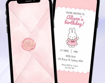 Animated Miffy Birthday Invitation, Digital Kawaii Bunny E-vite with RSVP (Digital Download), Nijntje