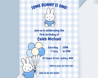 Some Bunny Birthday Invitation, Kawaii Bunny, Blue Bunny Theme, Editable Canva Template (Digital Download)