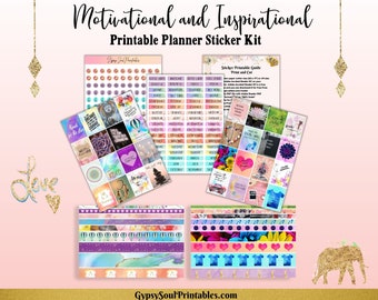 Motivational and Inspirational Printable Planner Sticker Kit, Sticker Quotes, Washi Tape, Labels, Icons