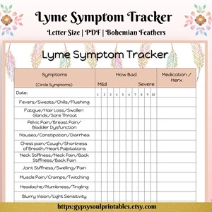 Lyme Disease Symptom Tracker Printable, BOHO Feathers, Pain Tracker, Medication Tracker, Chronic Illness, Instant Download