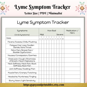 Lyme Disease Symptom Tracker Printable, Minimalist, Pain Tracker, Medication Tracker, Chronic Illness, Instant Download image 1