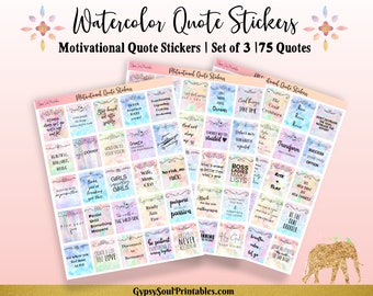 Motivational and Success Quotes Planner Stickers, Watercolor Background, Set of 3 Pages of Quotes, Letter Size, PDF, Instant Download