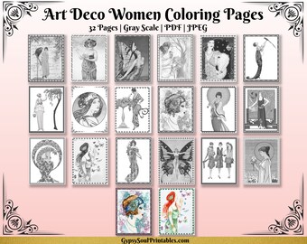 Grayscale Coloring Pages, Adult Coloring Book, Vintage Art Deco Women, PDF and JPEG, Commercial Use