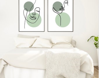 Set of 2 boho wall prints, sage green wall art, abstract faces painting line art, boho wall decor, sage green living room decor