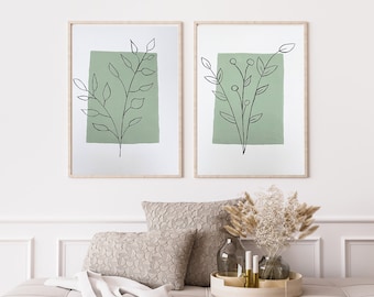 Set of 2 boho wall prints, sage green wall art, botanical abstract painting, floral line art, boho wall decor, sage green living room decor