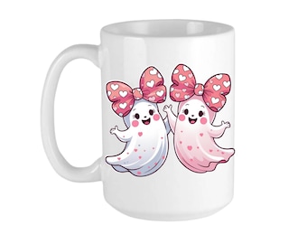 Cute Ghost Mug Pink Bows Halloween Coffee Cup Pastel Spooky Boo Ceramic Novelty 11 oz