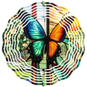 Stained Glass Image Butterfly Wind Spinner Kinetic Garden Art Outdoor Decor