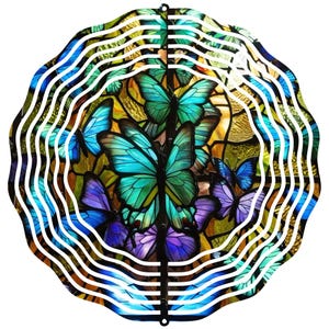 Vibrant Stained Glass Image Butterfly Wind Spinner Metal Garden Decor Patio Yard