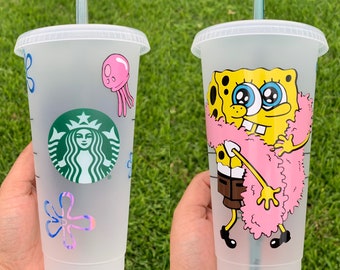 Personalized Spongebob Starbucks Cup jelly fish, seaweed, flowers