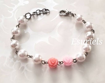 Flower pearl bracelet coral peach bracelet blush pink rose bracelet simple bracelet wedding jewelry bridesmaid gifts bracelets for women