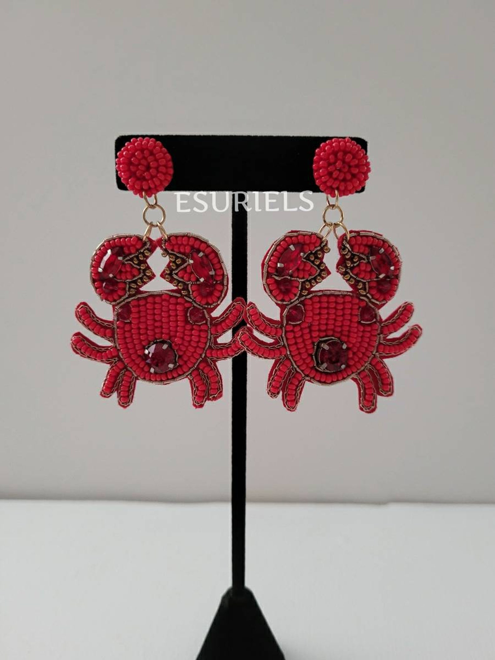 Red Crab Earrings Beaded Statement Earrings Crawfish Earrings Etsy