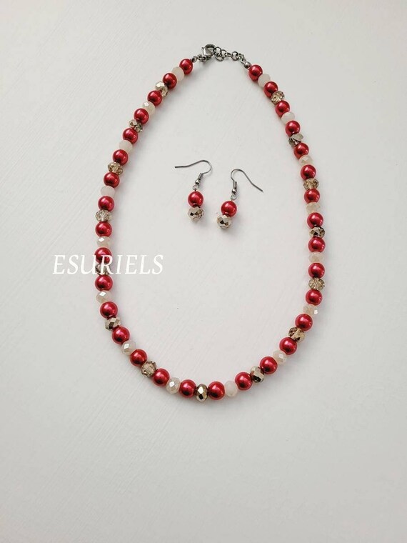 Red Pearl Necklace Crystal Necklace Beaded Choker Layering | Etsy