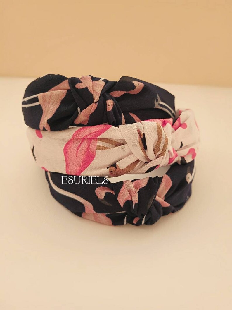 Flamingo Knotted headbands for women coral fabric headband turban headband summer beach navy blue boho headband hair accessories small mediu