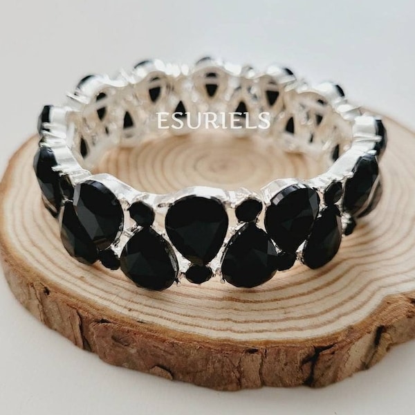 Black crystal bracelet statement chunky bracelet rhinestone bracelet black wedding pageant jewelry prom jewelry birthday gifts for women