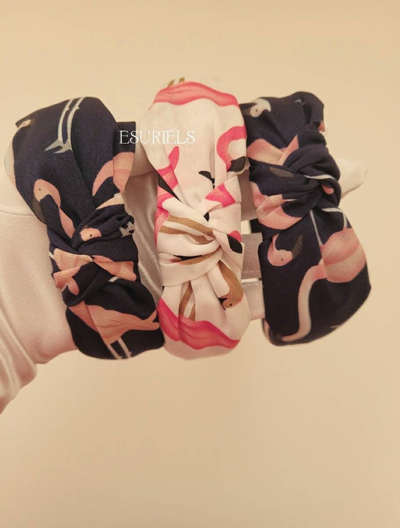 Flamingo Knotted headbands for women coral fabric headband turban headband summer beach navy blue boho headband hair accessories small mediu