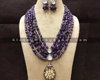 Purple  Emerald Necklace Stone Necklace, Purple Quartz Emerald Necklace, Oval Emerald Necklace,Green Jaipuri Indian Bridal Jewellery