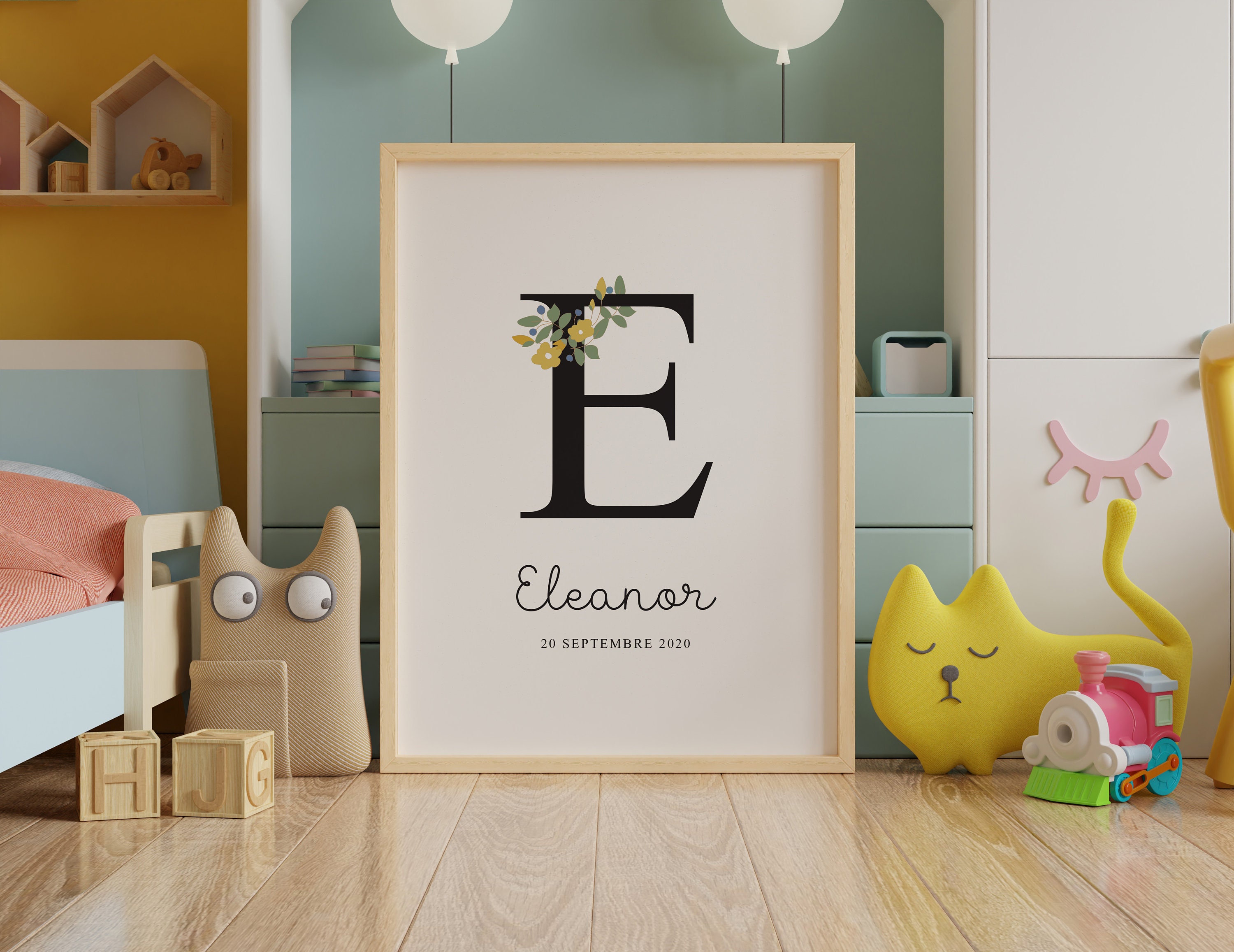 Affiche Lettre Prénom Enfant Couronne de Fleurs