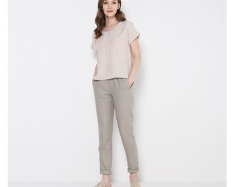 Linen trousers, Classic linen pants, Maternity pants, Slightly tapered linen pants  P0001