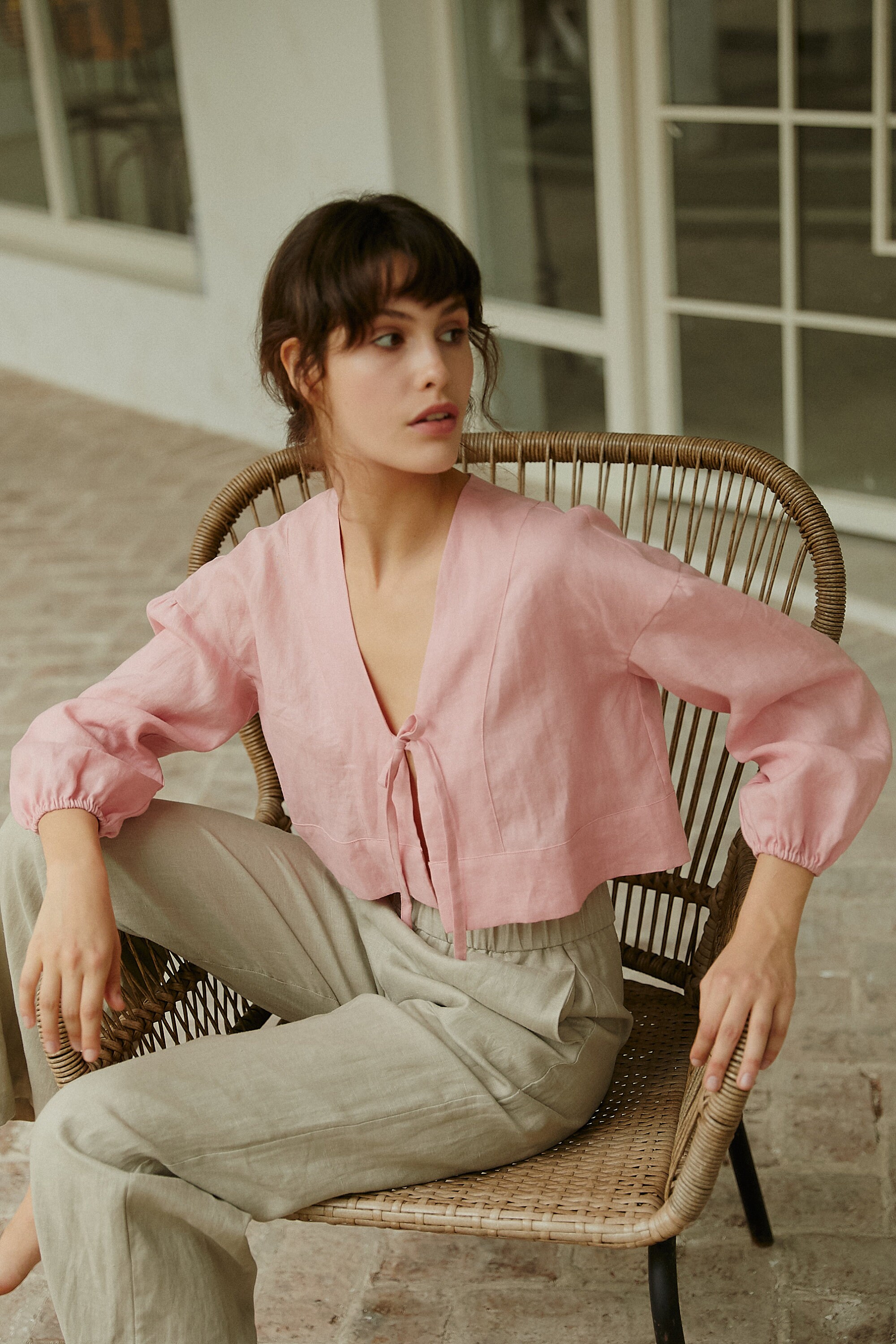 Victoria Linen Tie Front Top Cropped Linen Blouse S0003 Etsy