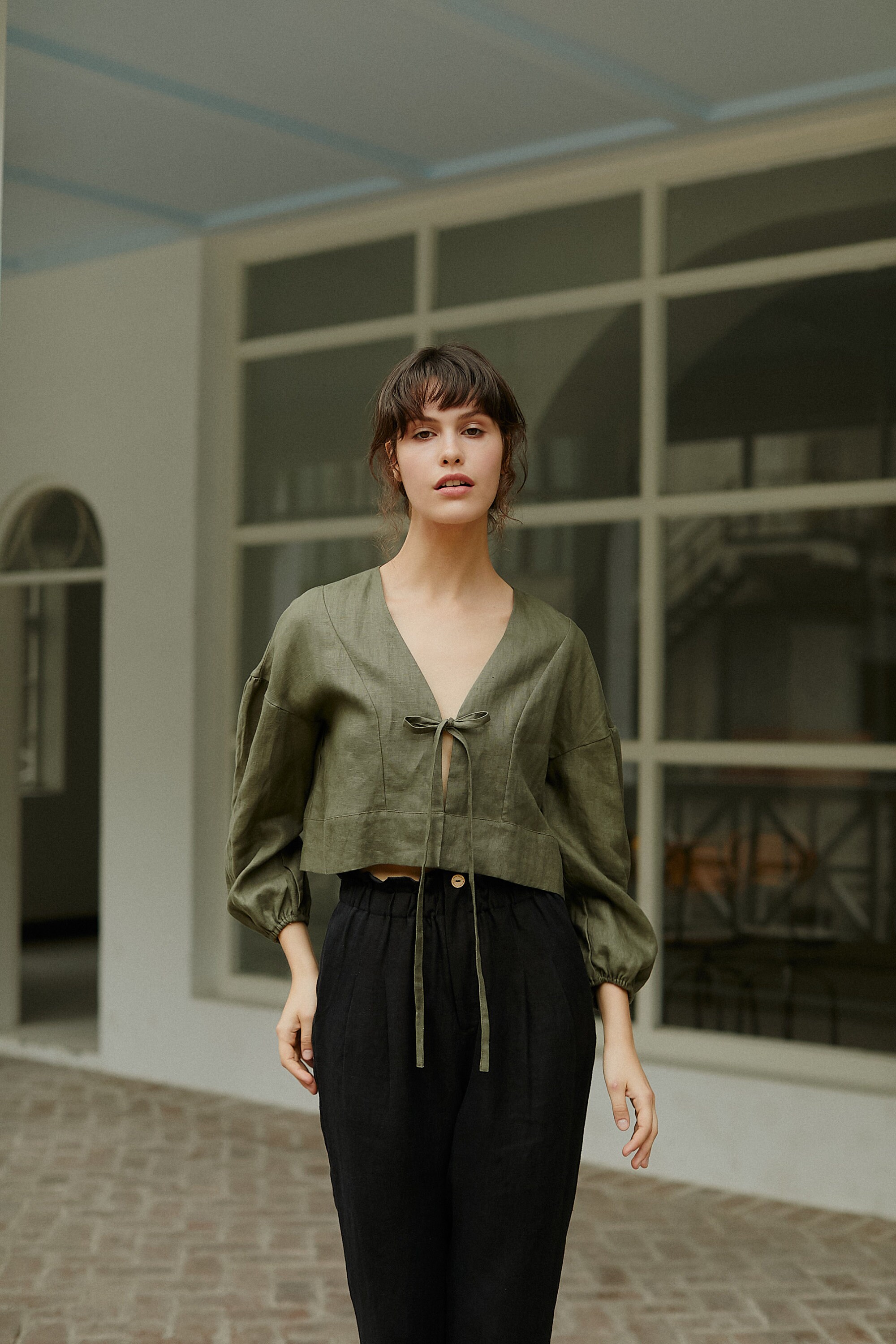 Victoria Linen Tie Front Top Cropped Linen Blouse S0003 Etsy