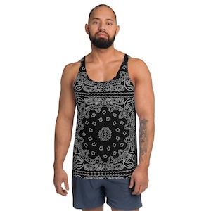May include: Black tank top with a white bandana pattern.