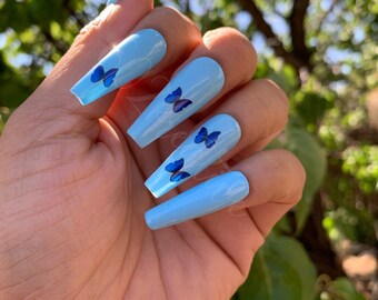 Blue Butterfly Nails Etsy