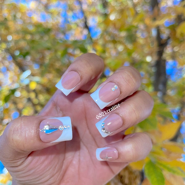 White french tip press on nails with rhinestones -short square wedding nails special occasion