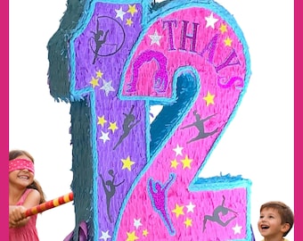 23" Gymnastics Number Piñata. Choose your sport. Sturdy for extra fun, ideal for birthdays. You can choose colors and details.