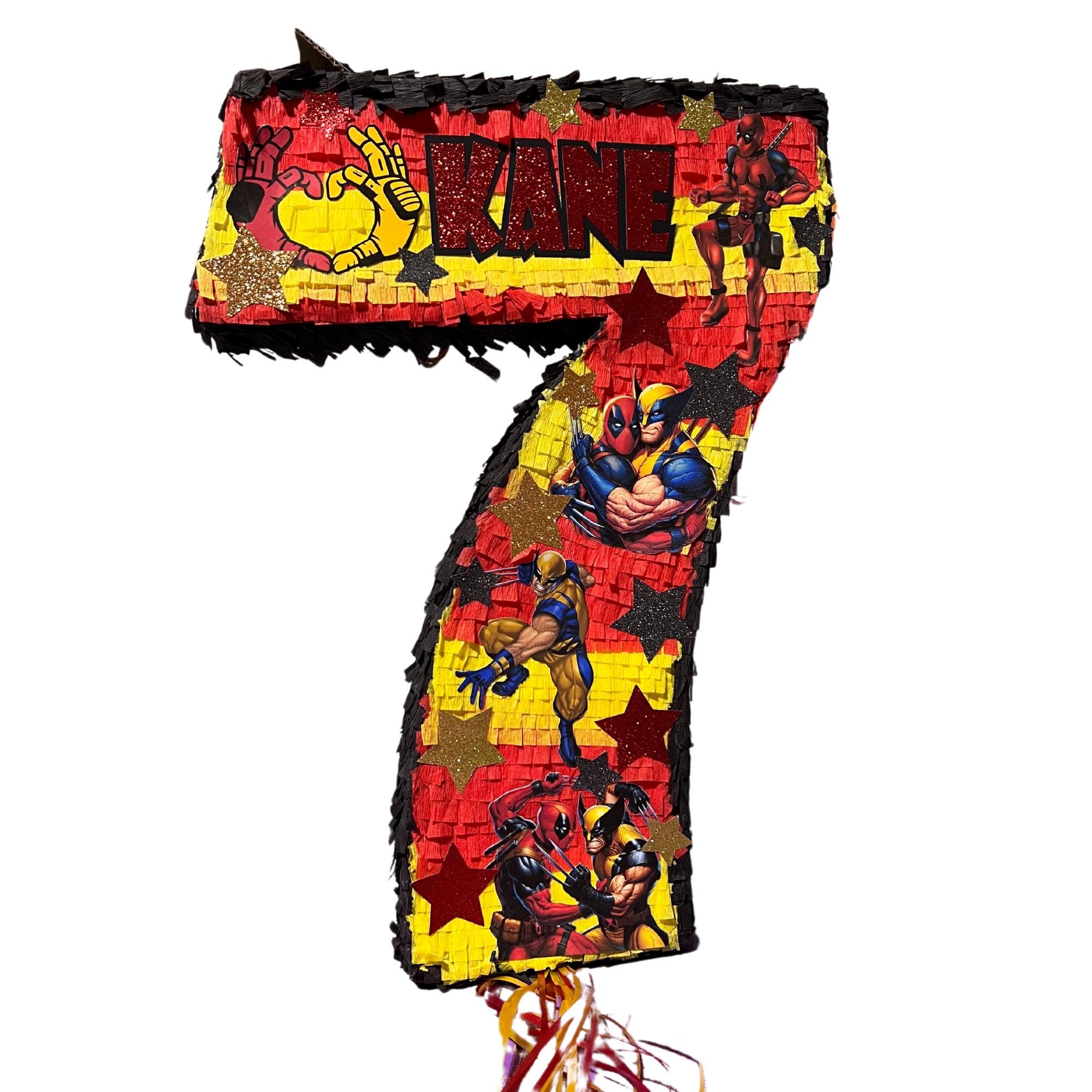 Personalized Deadpool & Wolverine Number 7 Piñata | Choose your number, colors, and characters | Superheroes for parties and birthdays